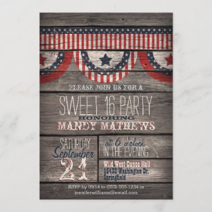 Stars & Stripes on Rustic Wood Sweet 16 Party Invitation