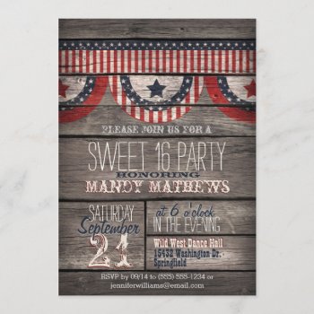 Stars & Stripes On Rustic Wood Sweet 16 Party Invitation by Card_Stop at Zazzle