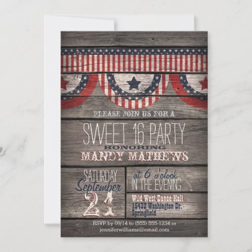 Stars  Stripes on Rustic Wood Sweet 16 Party Invitation