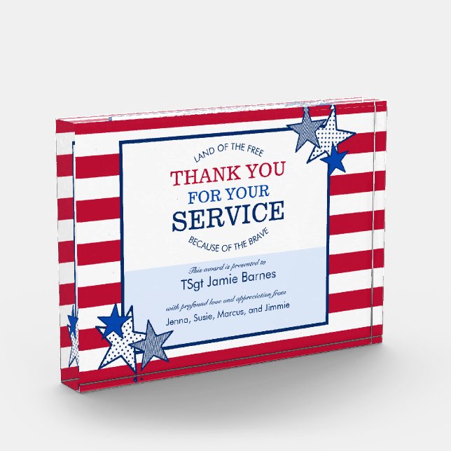 Stars Stripes Patriotic Veteran Service Thank You Acrylic Award (Left)