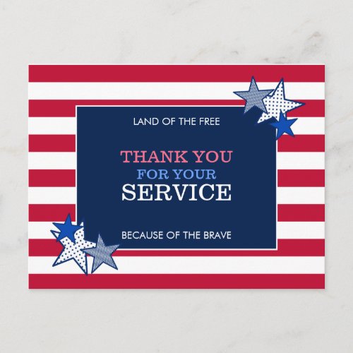 Stars Stripes Patriotic Veteran Service Thank You  Postcard