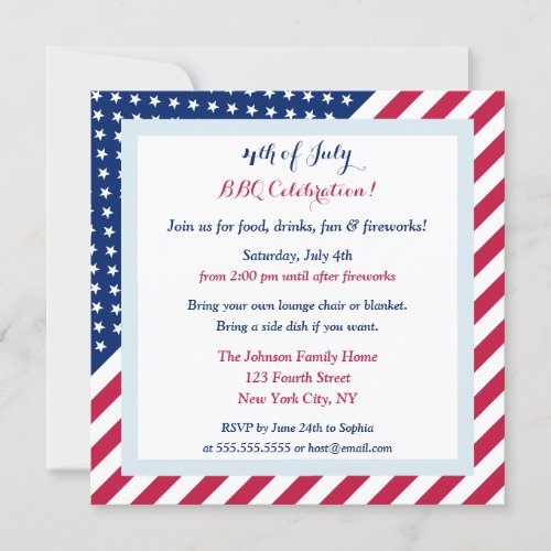 Stars Stripes Red White Blue 4th of July BBQ Party Invitation