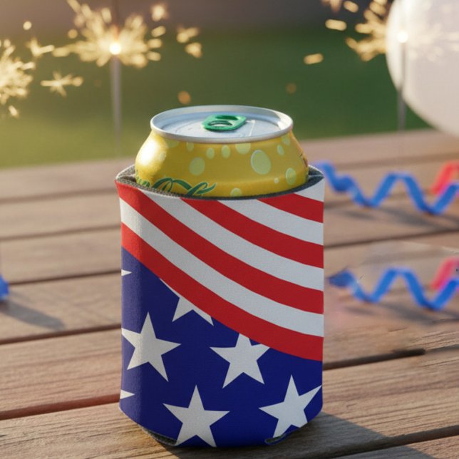 Stars Stripes Red White Blue July BBQ Can Cooler (Keep your drinks ice-cold and show your American pride this Independence Day. Perfect for BBQs)