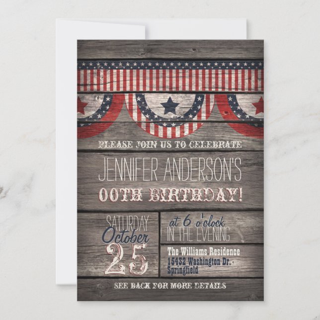 Stars & Stripes, Rustic Adult Teen Birthday Invitation (Front)