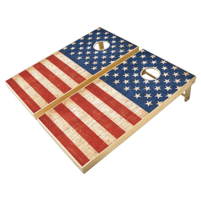 Stars & Stripes Rustic American Flag Cornhole Set (Angled)