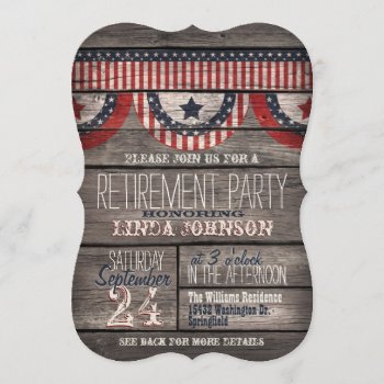 Stars & Stripes Rustic Wood Retirement Party Invitation by Card_Stop at Zazzle