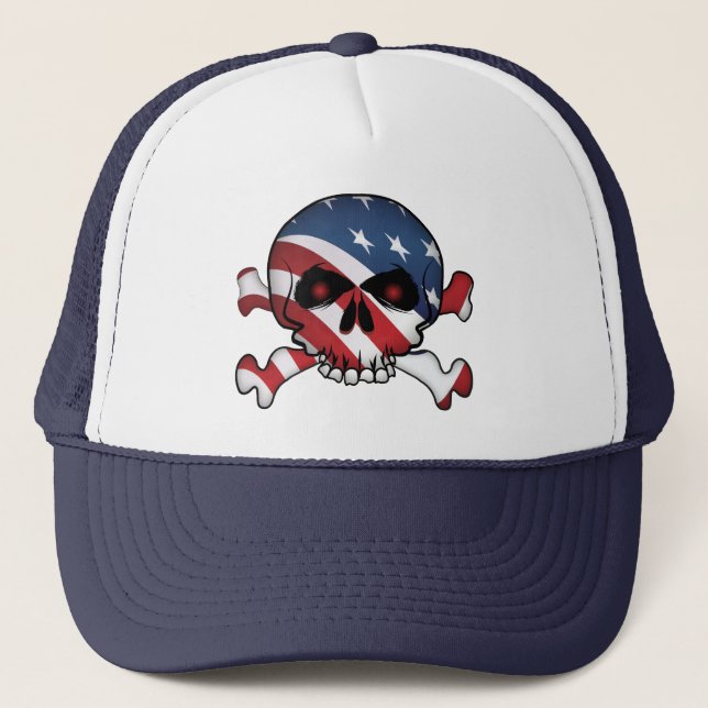 Stars & Stripes Skull Trucker Hat (Front)