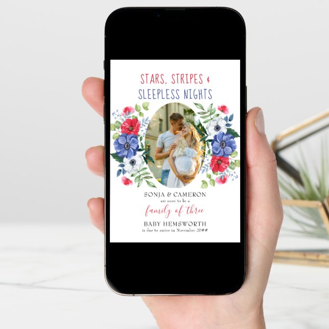 Stars Stripes Sleepless Nights Floral Pregnancy Announcement (Front Digital)