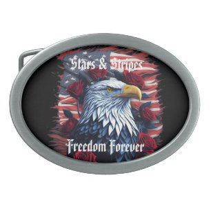 Stars & Stripes USA Flag With Bald Eagle & Roses Belt Buckle