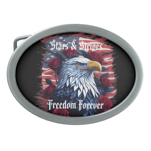 Stars & Stripes USA Flag With Bald Eagle & Roses Belt Buckle (Front)
