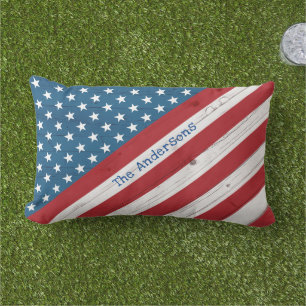 Stars Stripes USA Rustic American Flag Custom Name Lumbar Pillow