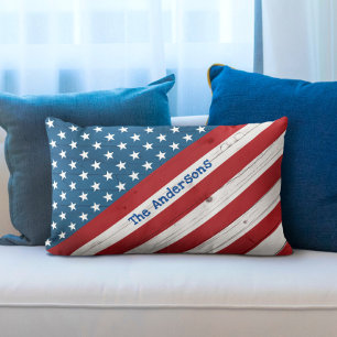 Stars Stripes USA Rustic American Flag Custom Name Lumbar Pillow