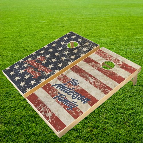 Stars  Stripes Vintage Family Name Cornhole Set