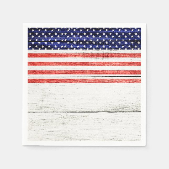 Stars & Stripes White Rustic Wood Patriotic Party Paper Napkins (Front)