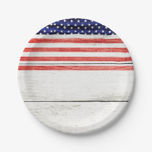 Stars & Stripes White Rustic Wood Patriotic Party Paper Plates (Front)