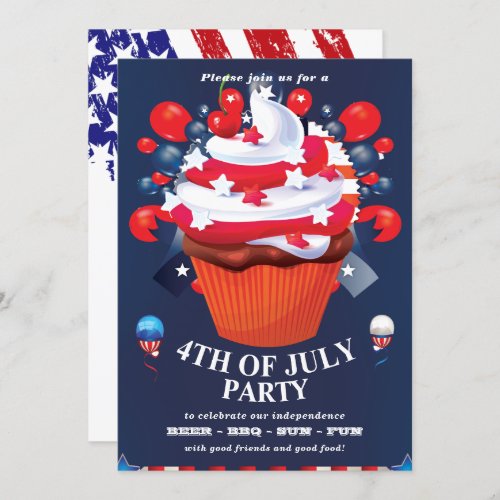 Stars  Stripes with Cupcake 4th Of July Party Invitation