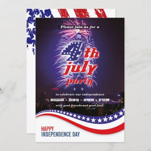 Stars  Stripes with Fireworks 4th Of July Party Invitation