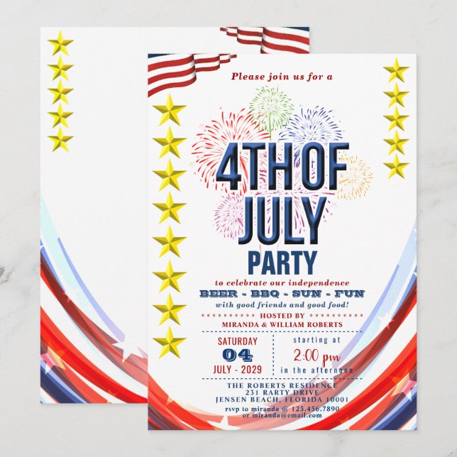 Stars & Stripes with Fireworks 4th Of July Party Invitation (Front/Back)