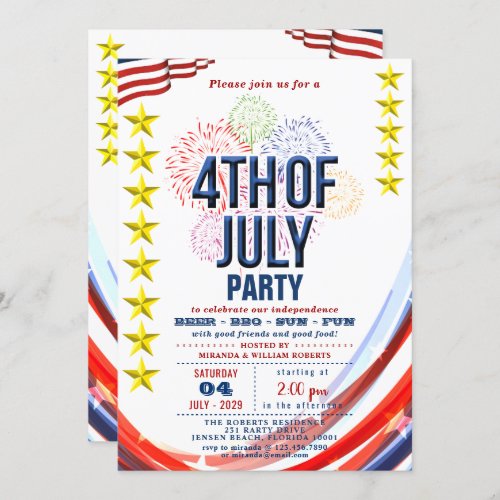 Stars  Stripes with Fireworks 4th Of July Party Invitation