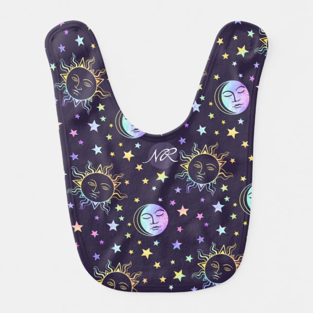     Stars Sun And Moon Cute Celestial Add Monogram Baby Bib (Front)