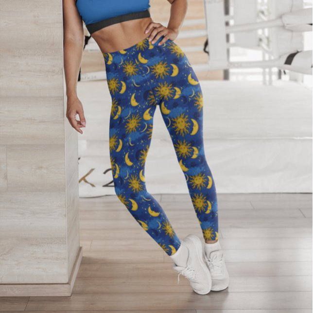 Stars Sun  Moon Celestial Pattern Blue Gold  Leggings (Creator Uploaded)