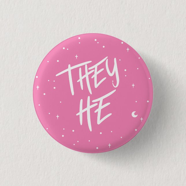 Stars They/He Pronouns in Pink Button (Front)