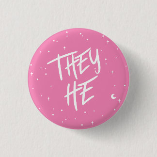 Stars They/He Pronouns in Pink Button
