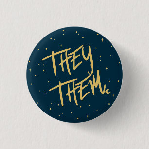 Stars They /Them Pronouns in Navy and Gold Button