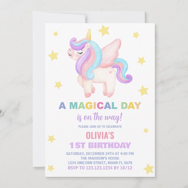 Stars Unicorn Birthday Invitations (Front)
