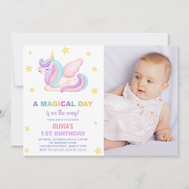 Stars Unicorn Birthday Invitations with photo (Front)