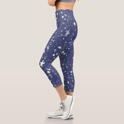 Stars White  Blue American 4th of July Capri Leggings