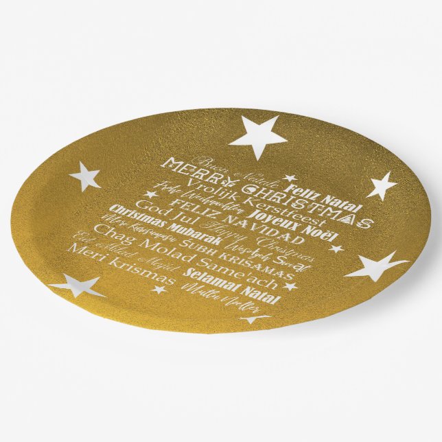 Stars with Different languages of Merry Christmas Paper Plates (Angled)