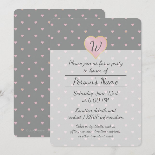Stars Within Hearts on Gray Party Invitation (Front/Back)