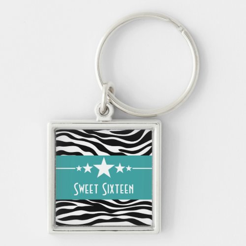 Stars Zebra Print Sweet 16 Keychain Aqua Keychain