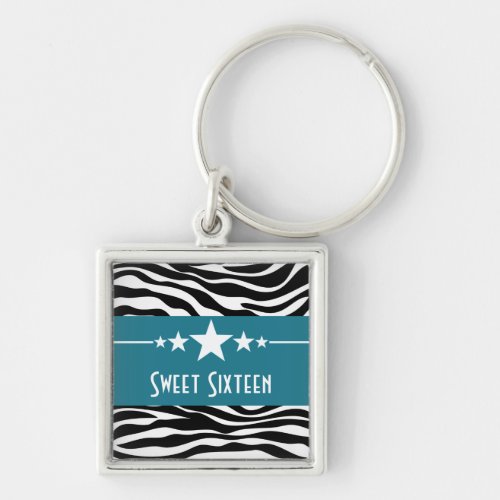 Stars Zebra Print Sweet 16 Keychain Blue Keychain