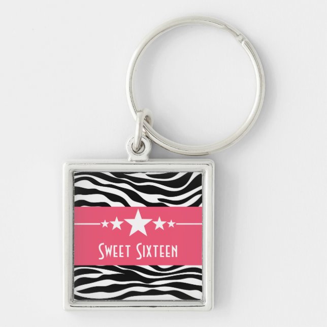 Stars Zebra Print Sweet 16 Keychain, Pink Keychain (Front)