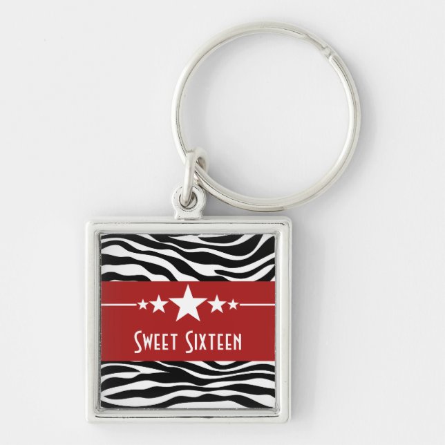 Stars Zebra Print Sweet 16 Keychain, Red Keychain (Front)