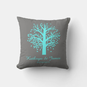 Start of New Family Tree, names/date; aqua/gray Throw Pillow