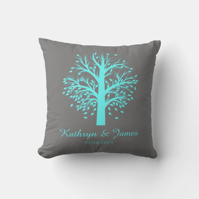 Start of New Family Tree, names/date; aqua/gray Throw Pillow (Front)