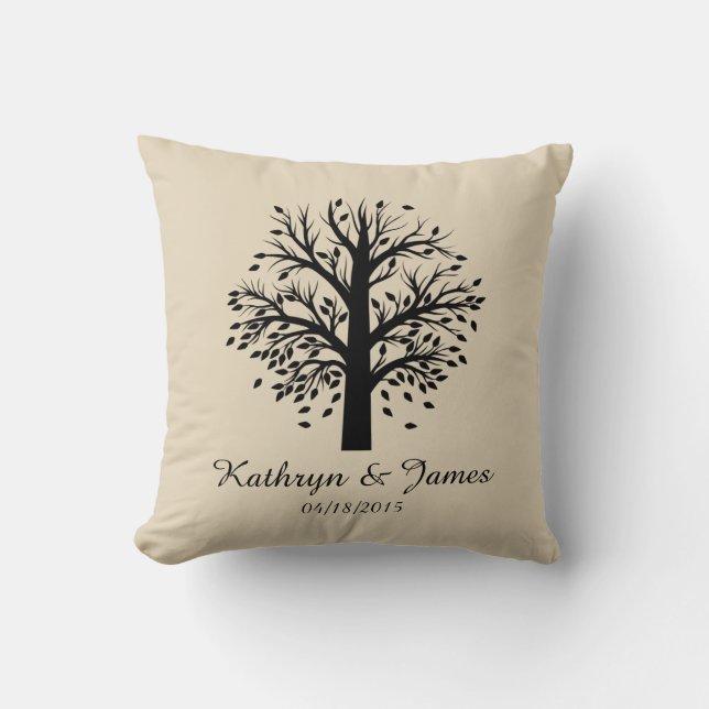 Start of New Family Tree, names/date; black/taupe Throw Pillow (Front)