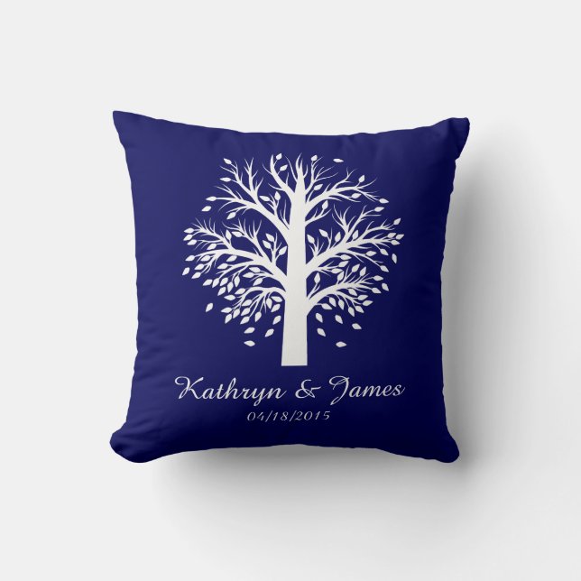 Start of New Family Tree, names/date; white/navy Throw Pillow (Front)