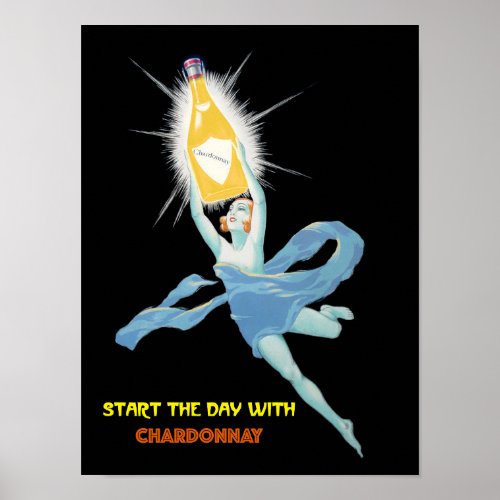 Start The Day With Chardonnay Flying Lady Black Poster