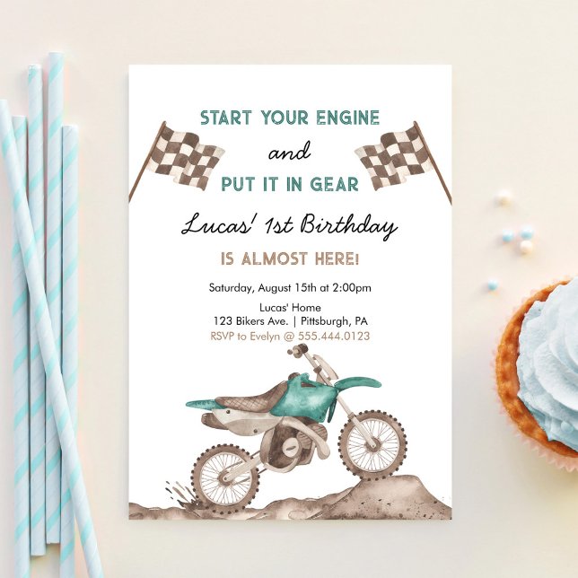 Start Your Engine Dirt Bike Motocross Boy Birthday Invitation (Creator Uploaded)