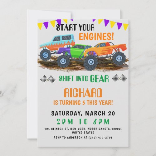 Start Your Engines Funny Monster Truck Birthday Invitation