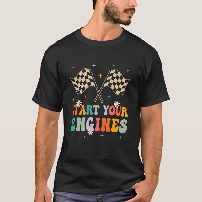 Start Your Engines Groovy Checkered Flag Retro Rac T-Shirt (Front)