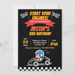 Start Your Engines Kids Birthday Party Invitation