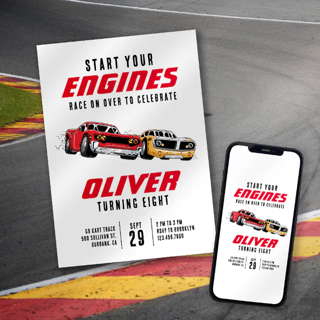Start Your Engines Racing Cars Birthday Party Invitation | Zazzle
