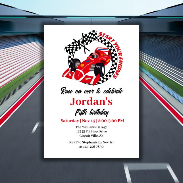 Start Your Engines Red Race Car Any Age Birthday Invitation (Creator Uploaded)