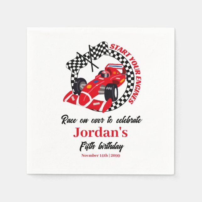 Start Your Engines Red Race Car Any Age Birthday Napkins (Front)