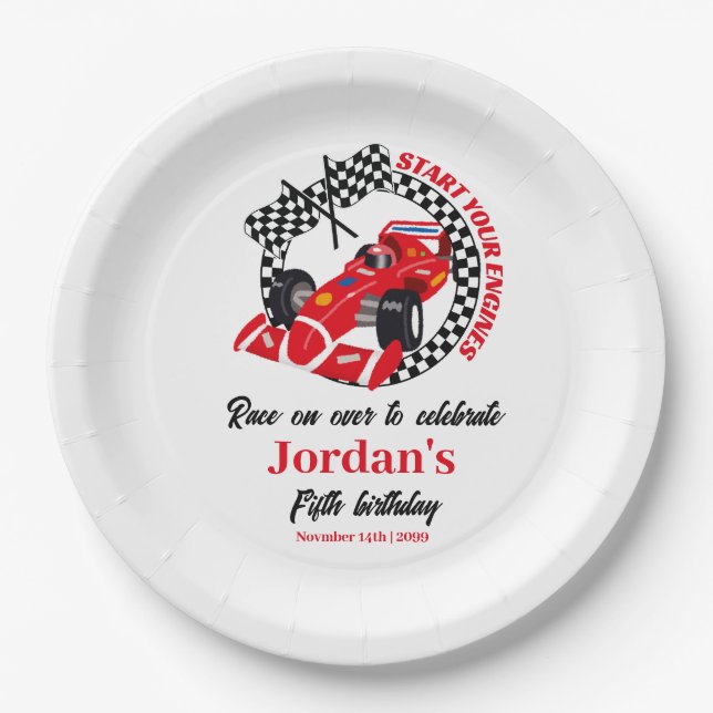 Start Your Engines Red Race Car Any Age Birthday Paper Plates (Front)